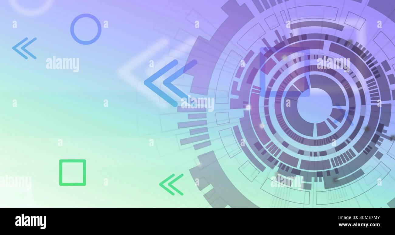 Displaying concentric circular HUD interface over digital UI with arrows and square, copy space Stock Photo
