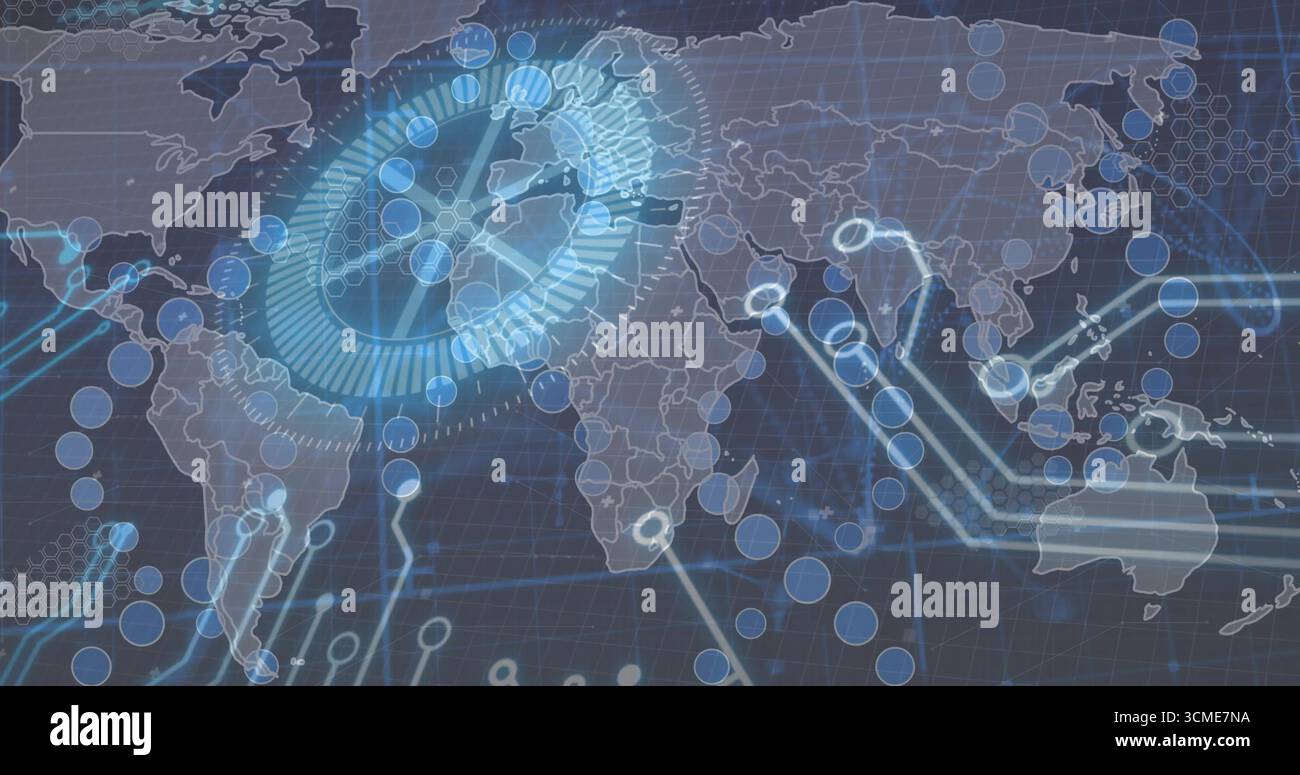 Projecting holographic circular interface hovering above world map, with glowing nodes and hex grid Stock Photo