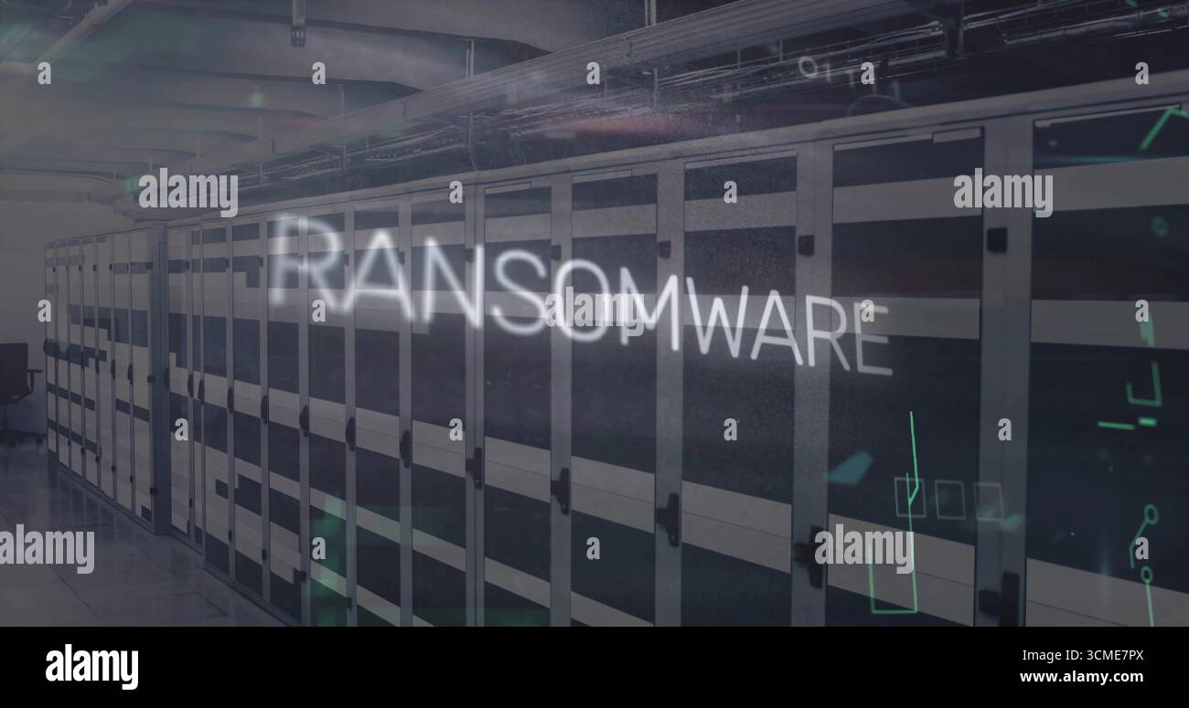 Displaying central server racks extending through data center corridor, with RANSOMWARE overlay Stock Photo