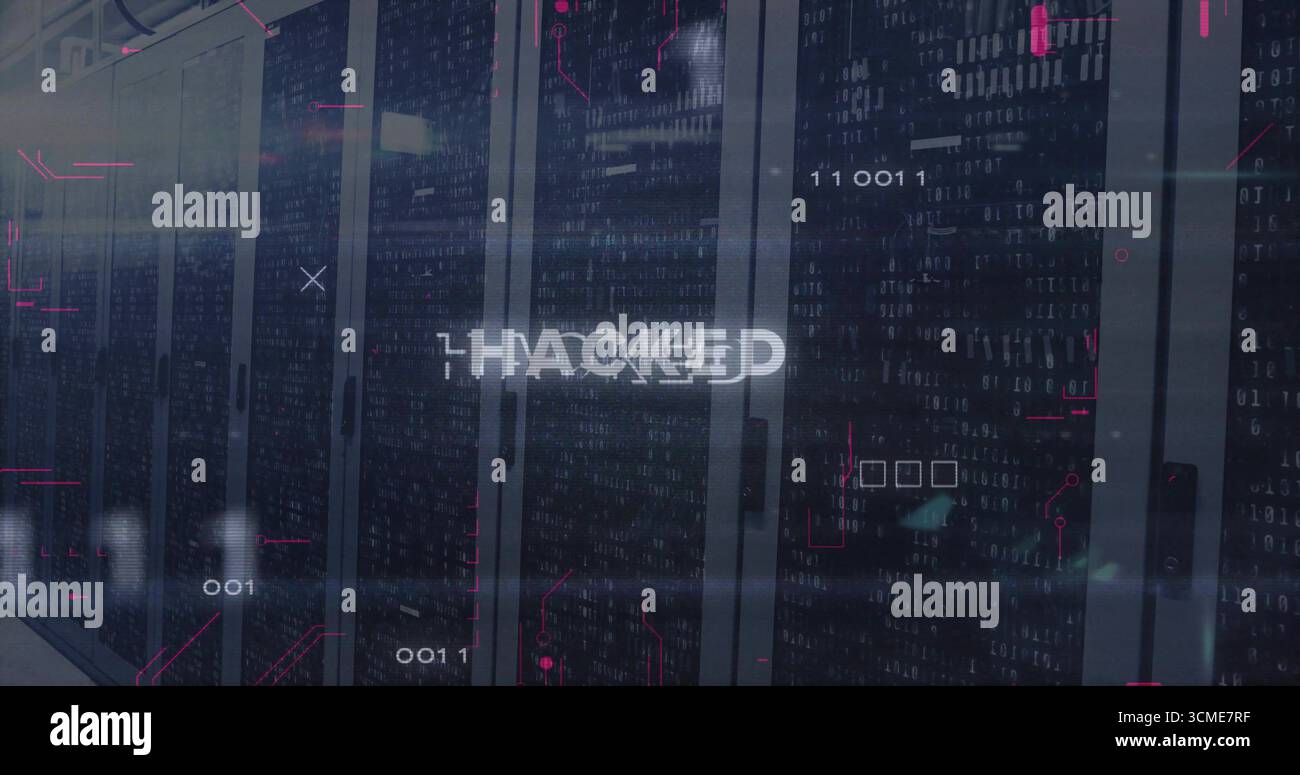 Showing glitchy HACKED text streaming through data center room with server racks and code overlays Stock Photo