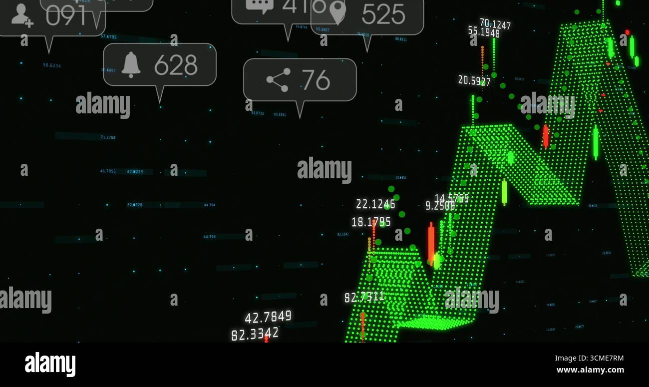 Displaying 3D green candlestick chart rising on dark dashboard, showing data labels, icon bubbles Stock Photo