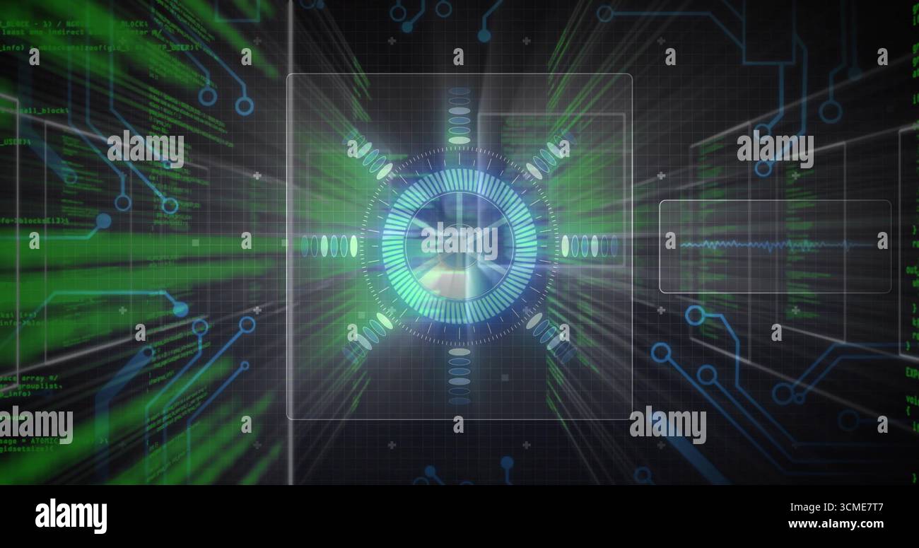 Displaying central circular HUD in square frame scrolling green code blue circuit lines data panels Stock Photo