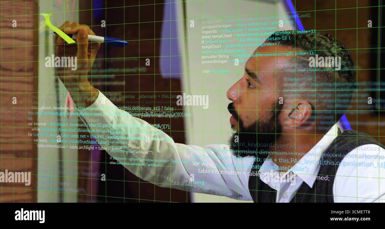 Sketching man in vest coding on glass board in office, with floating code snippets, copy space Stock Photo