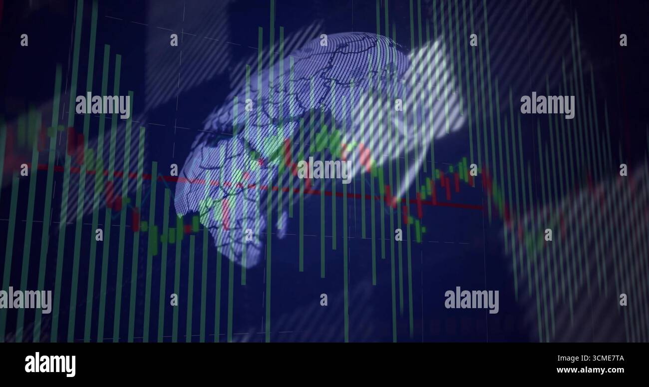Displaying wireframe digital brain in chart display, with candlestick bars and red trend line Stock Photo