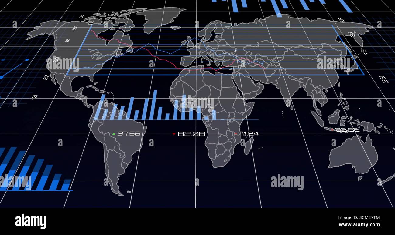 Displaying world map on dashboard grid, showing highlight zones, blue ...
