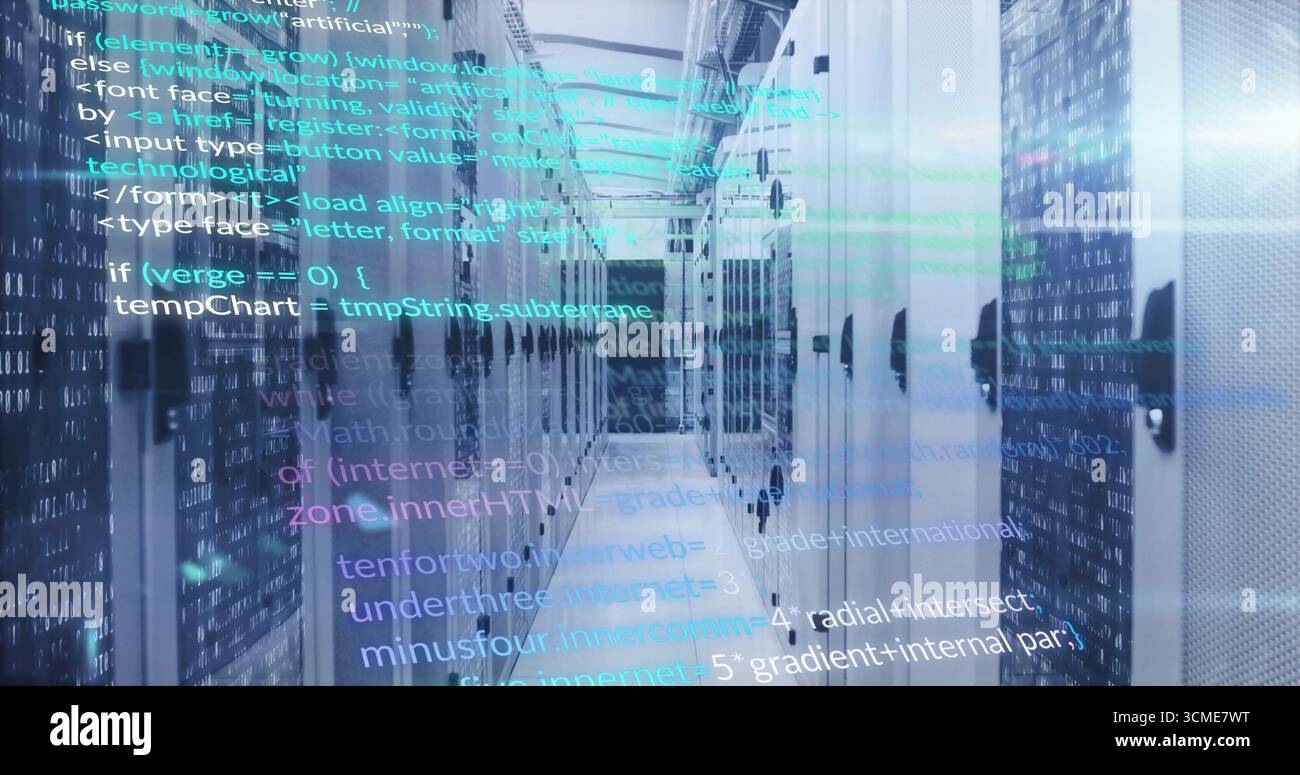 Displaying corridor between server cabinets in facility, with network cables and LED indicators Stock Photo