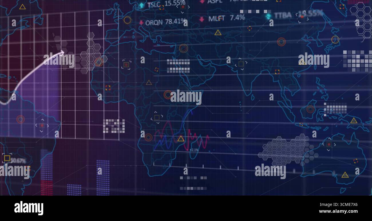 Displaying digital world map on dashboard with grid, charts, hexagon clusters, numeric labels Stock Photo