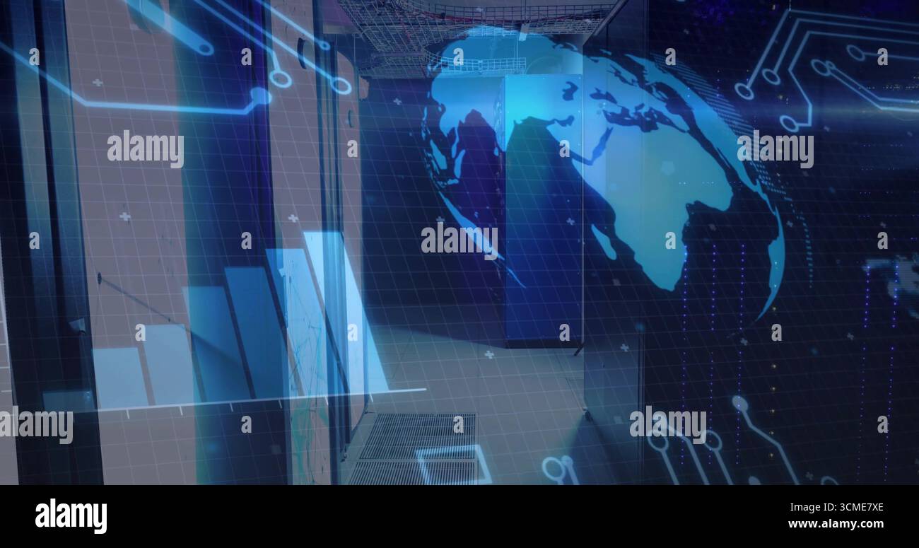 Floating holographic globe and data grid hovering inside data center, with server racks and cables Stock Photo