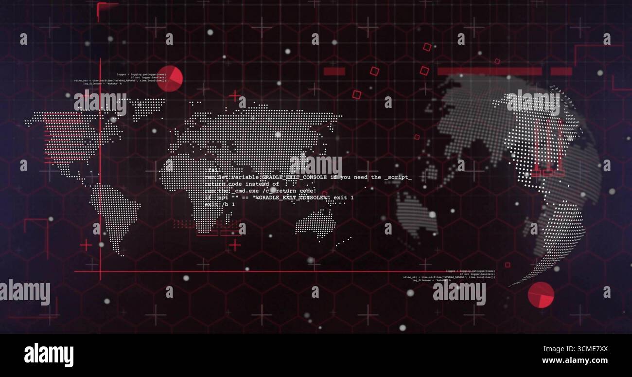 Displaying dot-matrix world map overlaying code snippets on digital interface, with red markers Stock Photo