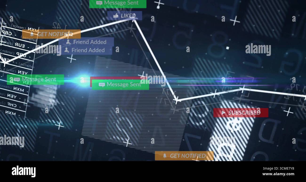 Connecting white zigzag graph nodes across tech interface, showing notification badges plus symbols Stock Photo