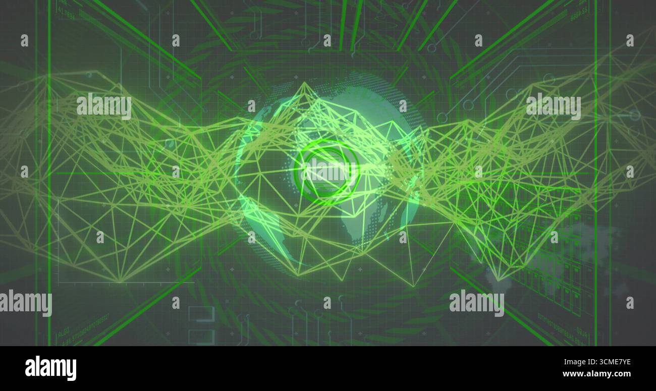 Earth sphere rotating in virtual data interface, with wireframe mesh waves and circuit patterns Stock Photo