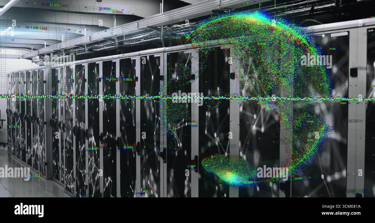 Displaying central server racks lining data center corridor, with digital network globe overlay Stock Photo