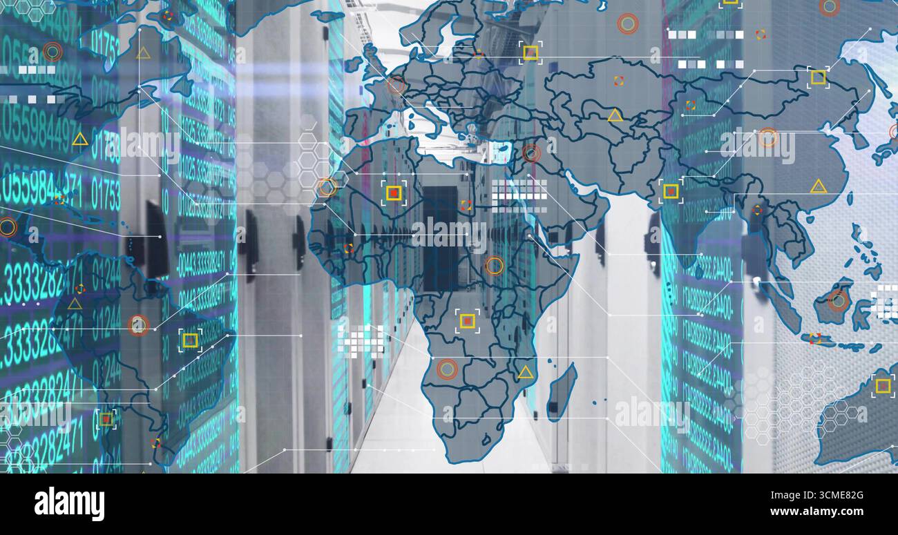 Displaying central corridor through data center, with server racks, cables and world map overlay Stock Photo