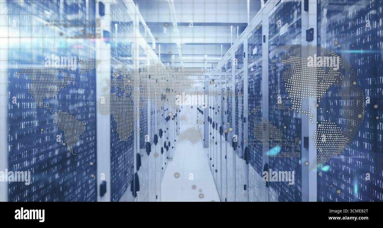 Streaming binary and world map overlay across central server racks in datacenter, with LED lights Stock Photo