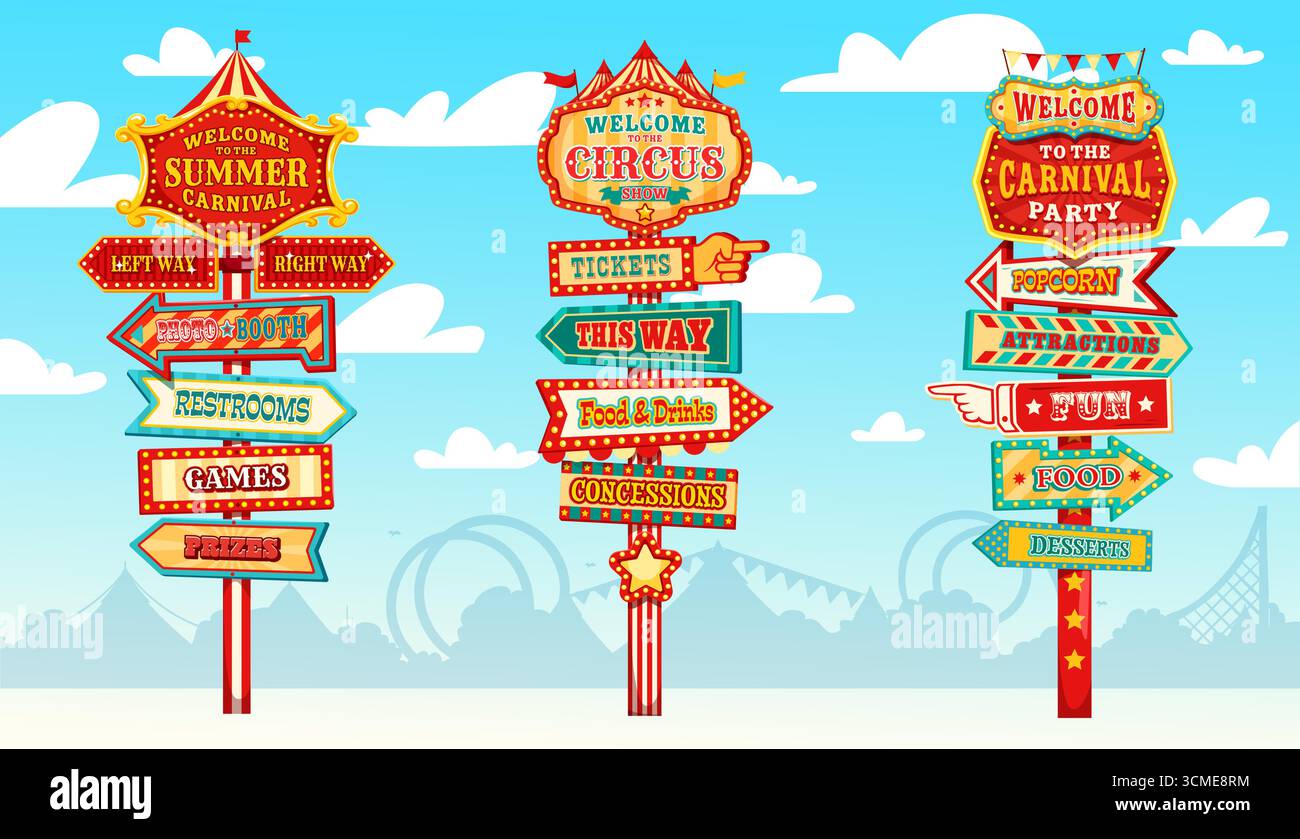 Circus and amusement park signboard, directional sign yard. Cartoon ...
