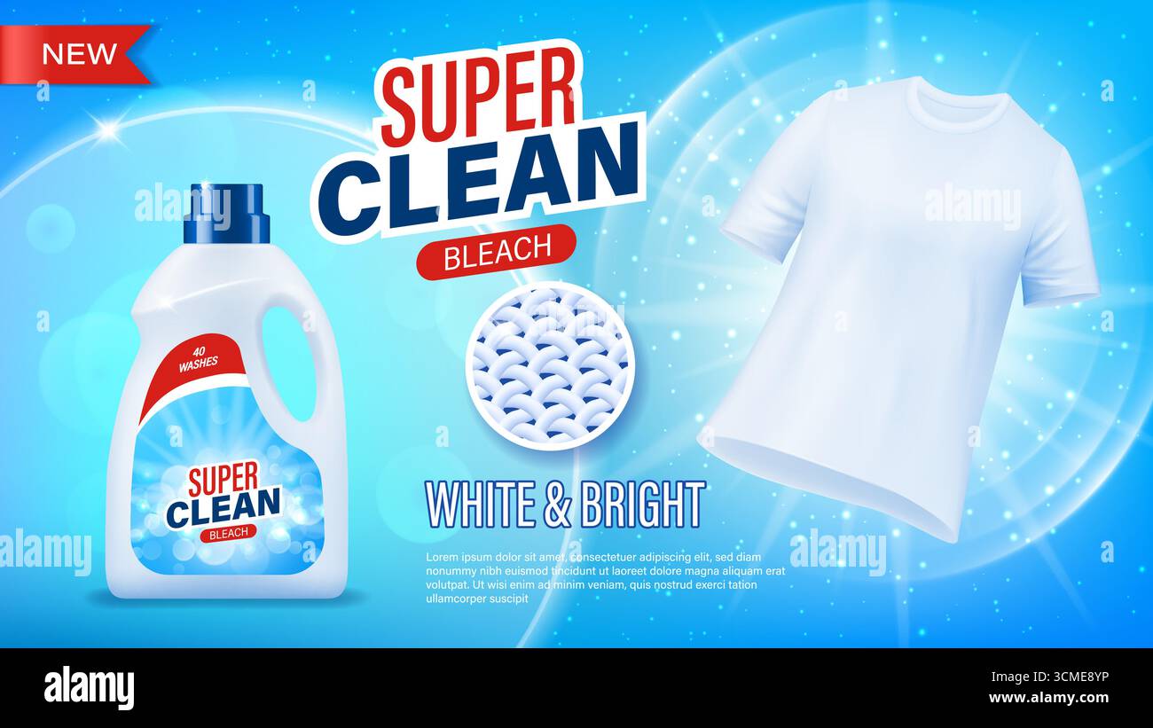Realistic laundry detergent bottle and clean t shirt vector ad banner ...