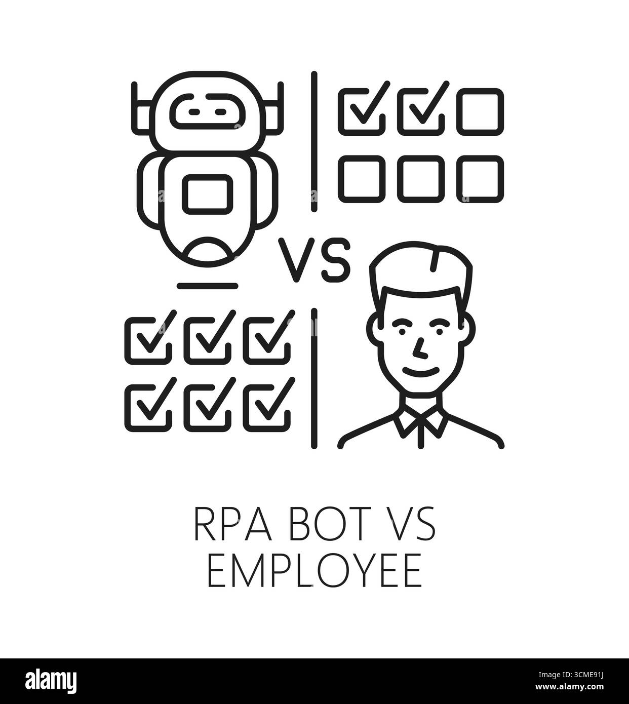 RPA bot vs employee thin line icon or emblem. Business RPA innovation outline vector sign, robotic technology icon. Machine automation solution pictogram with robot and human productivity check marks Stock Vector