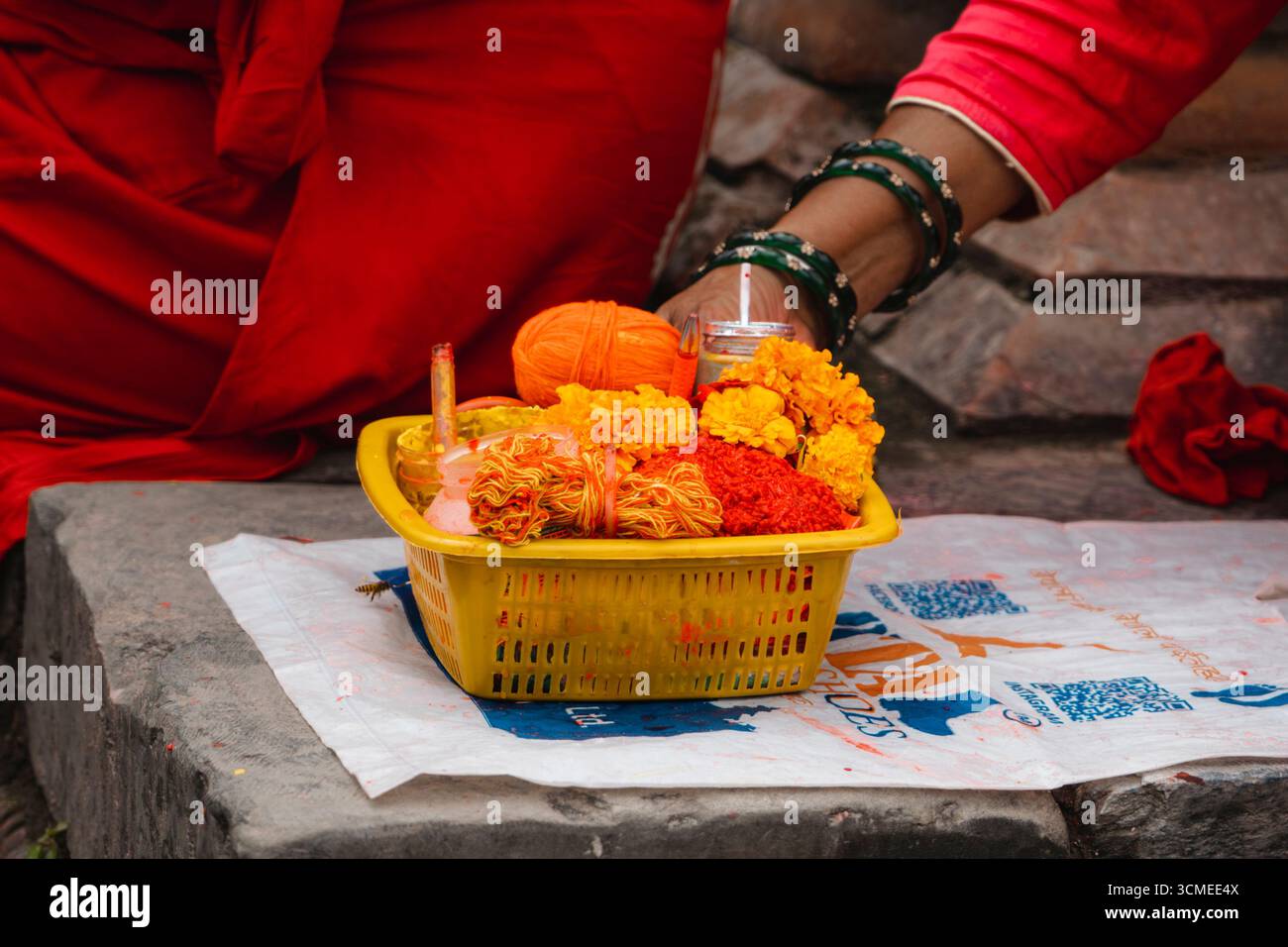 Jainism Rice Ritual Hindu Worship Puja Rituals with Flowers, Rice Tika, Fruits, Janai and ...
