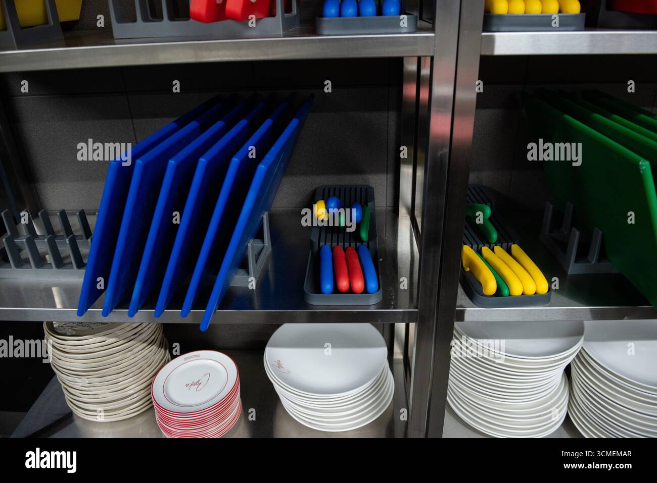 a set of cutting boards in the kitchen of a training studio Stock Photo