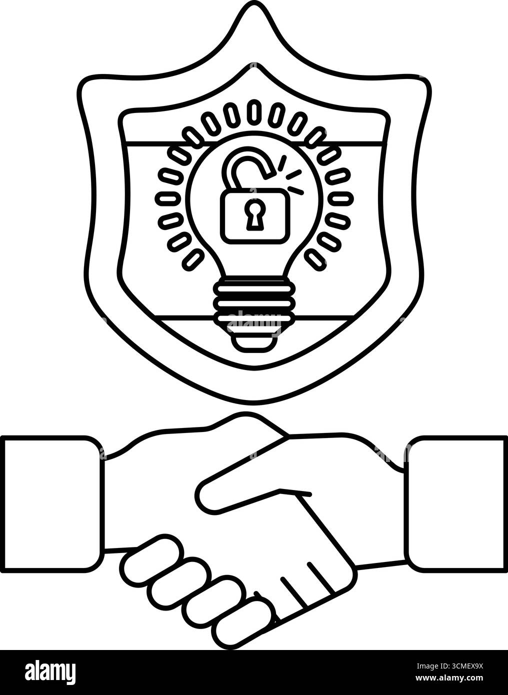 A handshake between two people is shown with a light bulb and a lock on ...