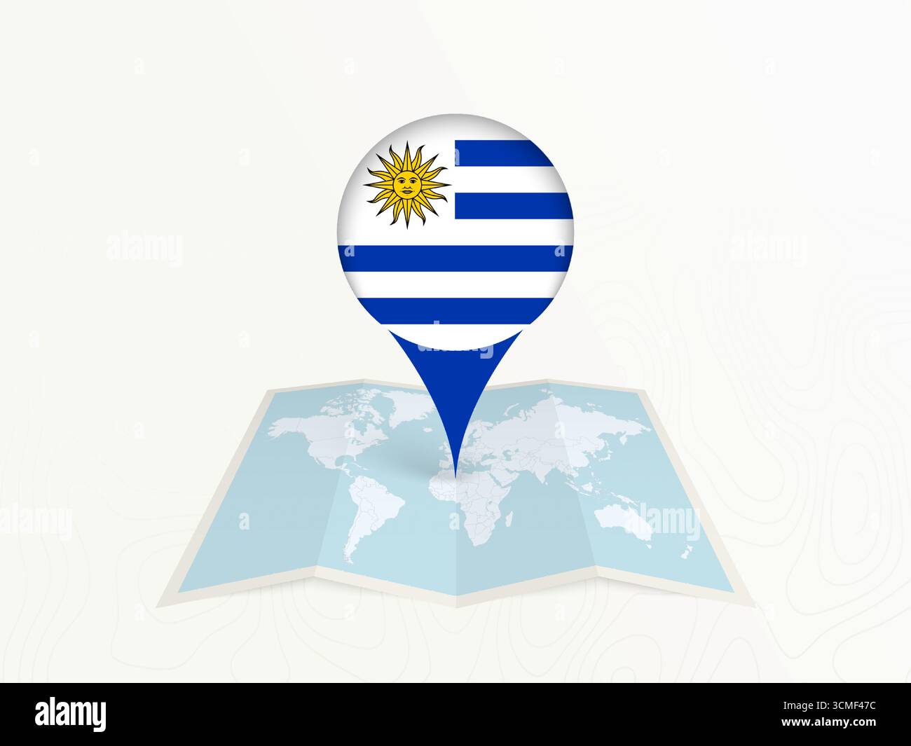 Uruguay Map Pin with National Flag on Open World Map. Perfect for use in travel guides, geography content, global positioning concepts, and internatio Stock Vector