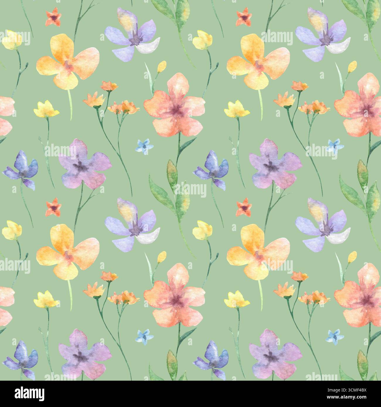 Seamless watercolor pattern with multicolored flowers Stock Photo
