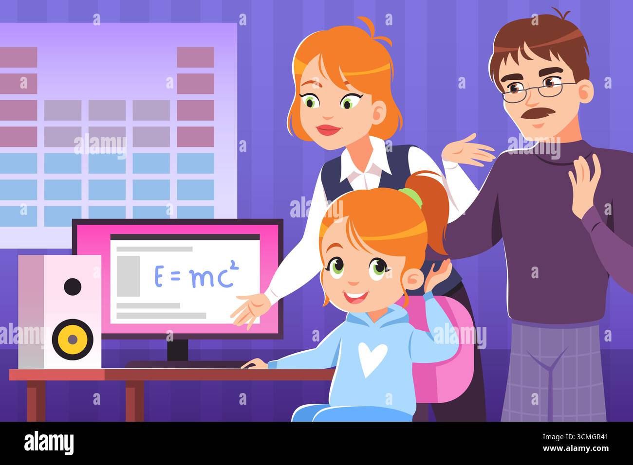 Parents and child at computer. Mom and dad helps teaching kid, online ...