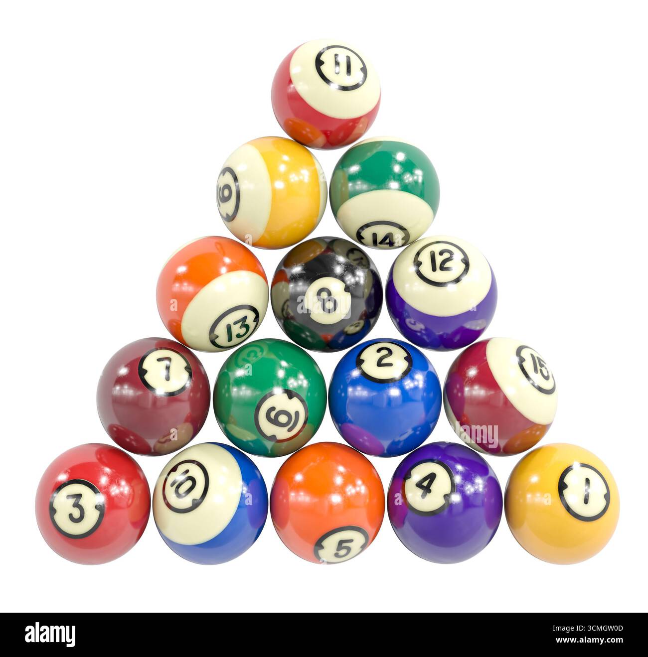 billiard balls 3d arranged triangle isolated background Stock Photo