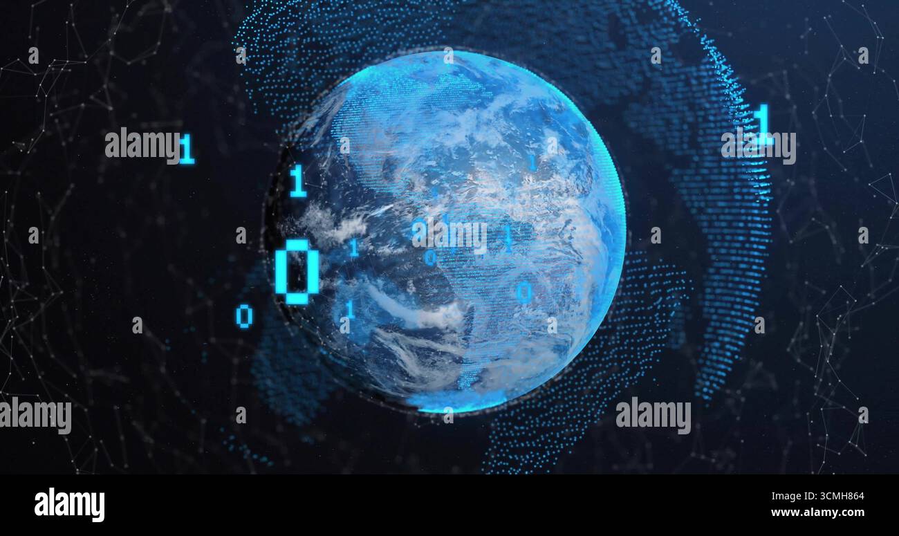 Floating digital Earth globe sending binary digits in virtual space, with glowing nodes and lines Stock Photo