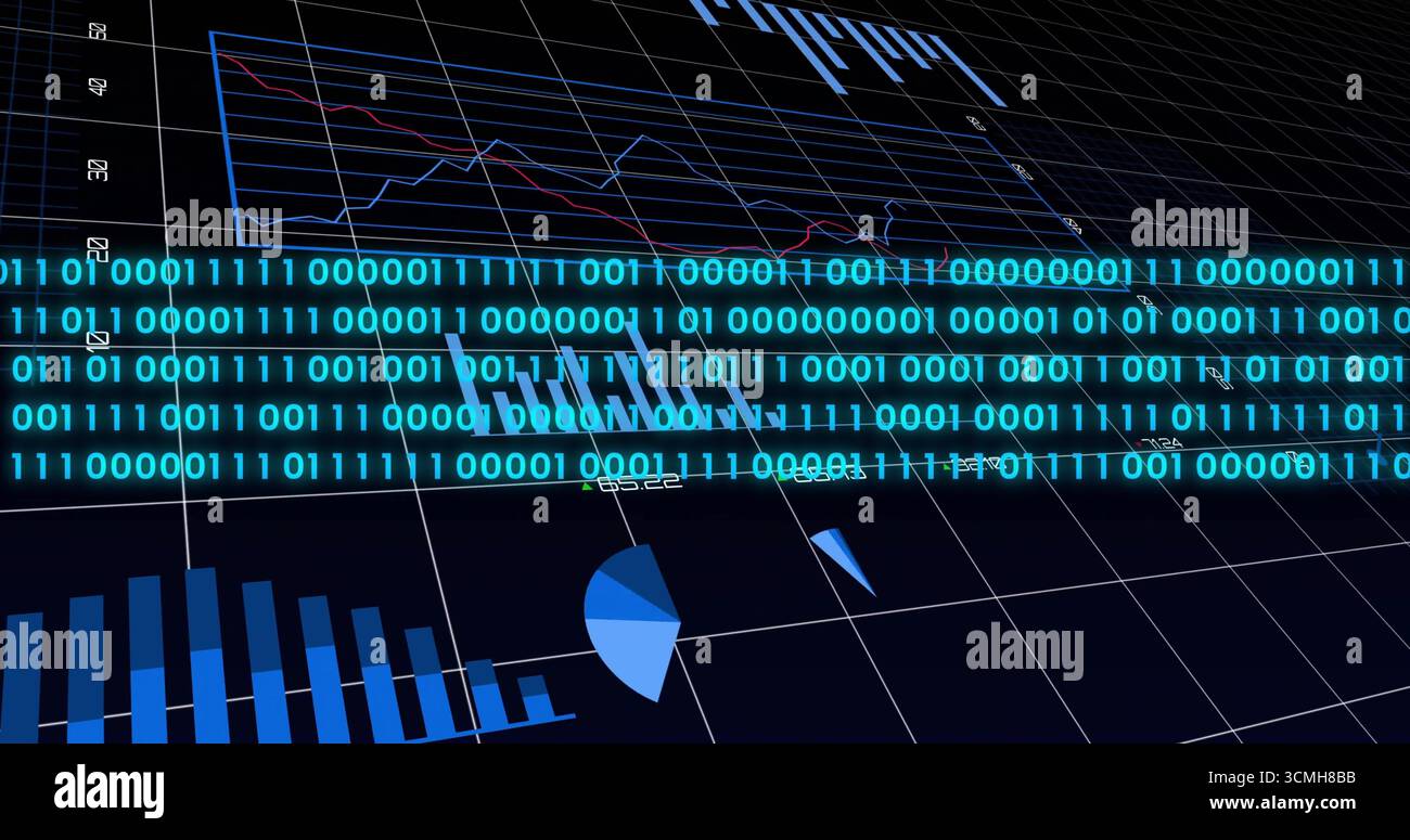 Displaying glowing binary band overlaying grid dashboard, with bar chart, pie chart and line graph Stock Photo