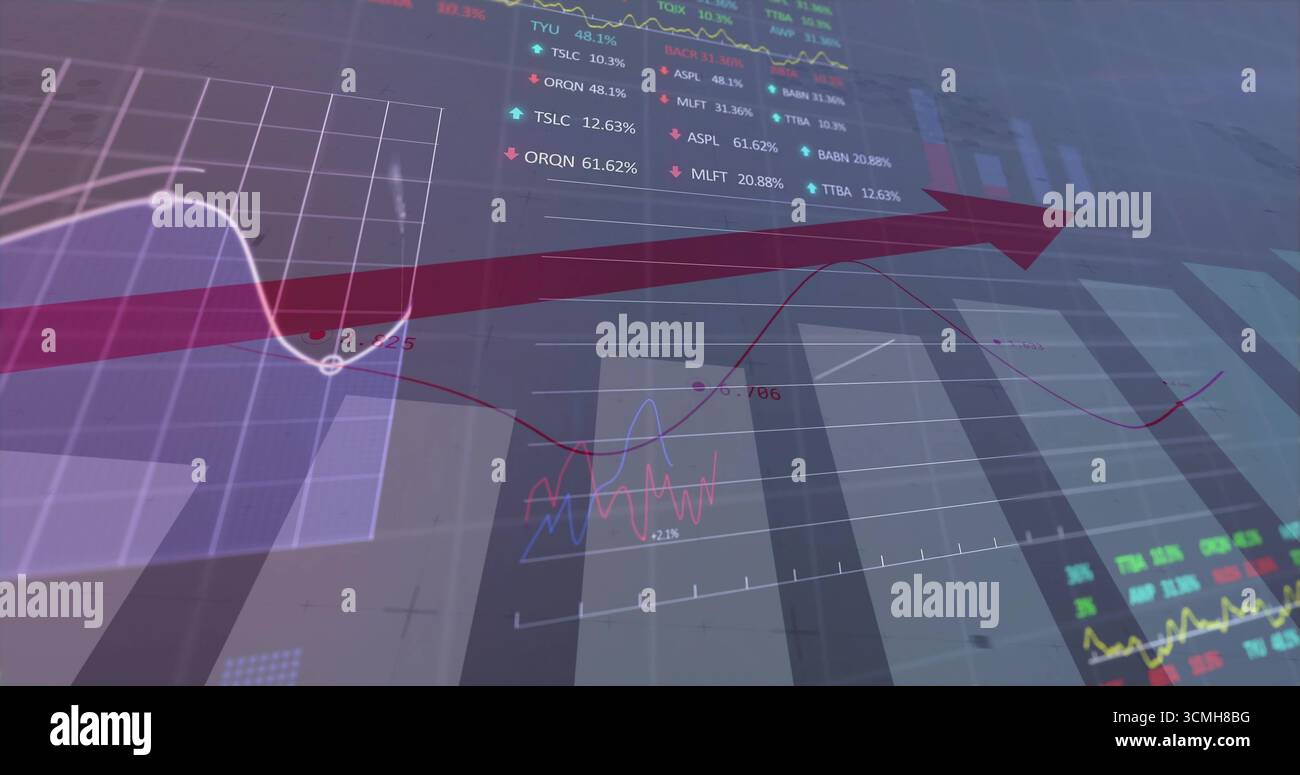 Virtual Ticker Pointing bold red arrow moving upward across virtual dashboard, with ...