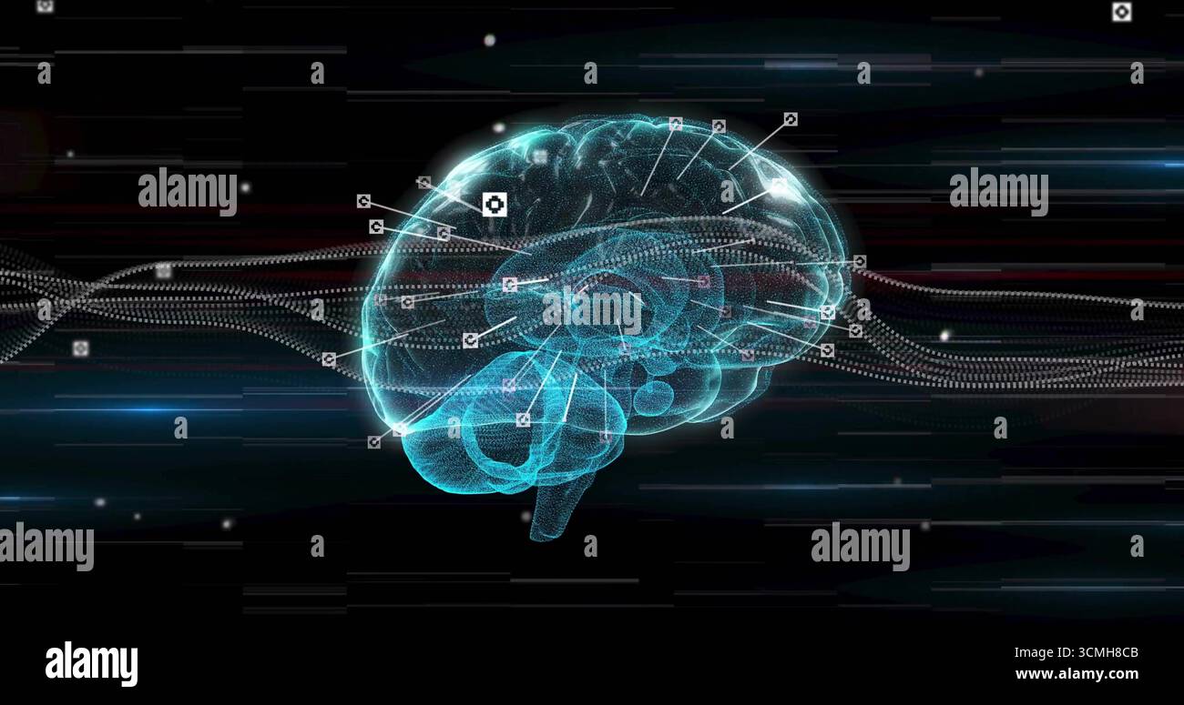 Floating wireframe brain model rotating in virtual interface, with ...