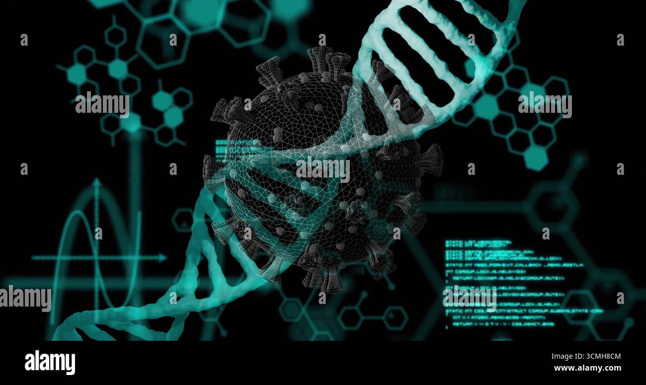 Displaying virus model intersecting teal DNA helix in lab interface with hexagon diagrams and code Stock Photo