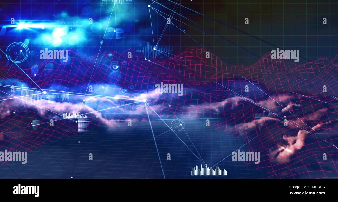 Displaying magenta wireframe grid hovering in purple mist in virtual interface, with nodes and bars Stock Photo