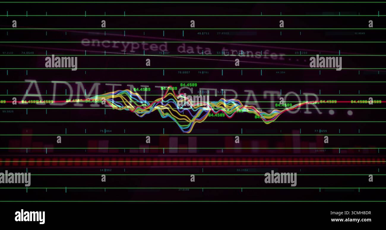 Displaying colorful waveform oscillating on red grid screen, featuring data labels and glitch text Stock Photo