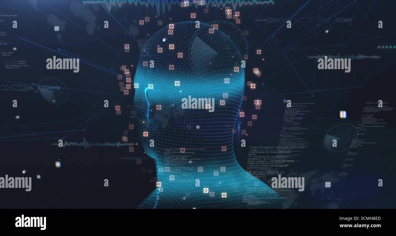 Displaying wireframe head in profile streaming code in network, with nodes, network lines and globe Stock Photo