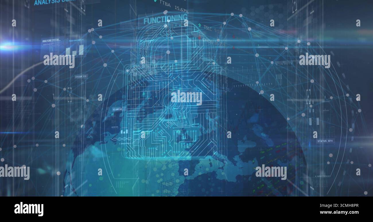 Hovering blue circuit padlock icon emitting rings over globe in security UI, with network nodes Stock Photo
