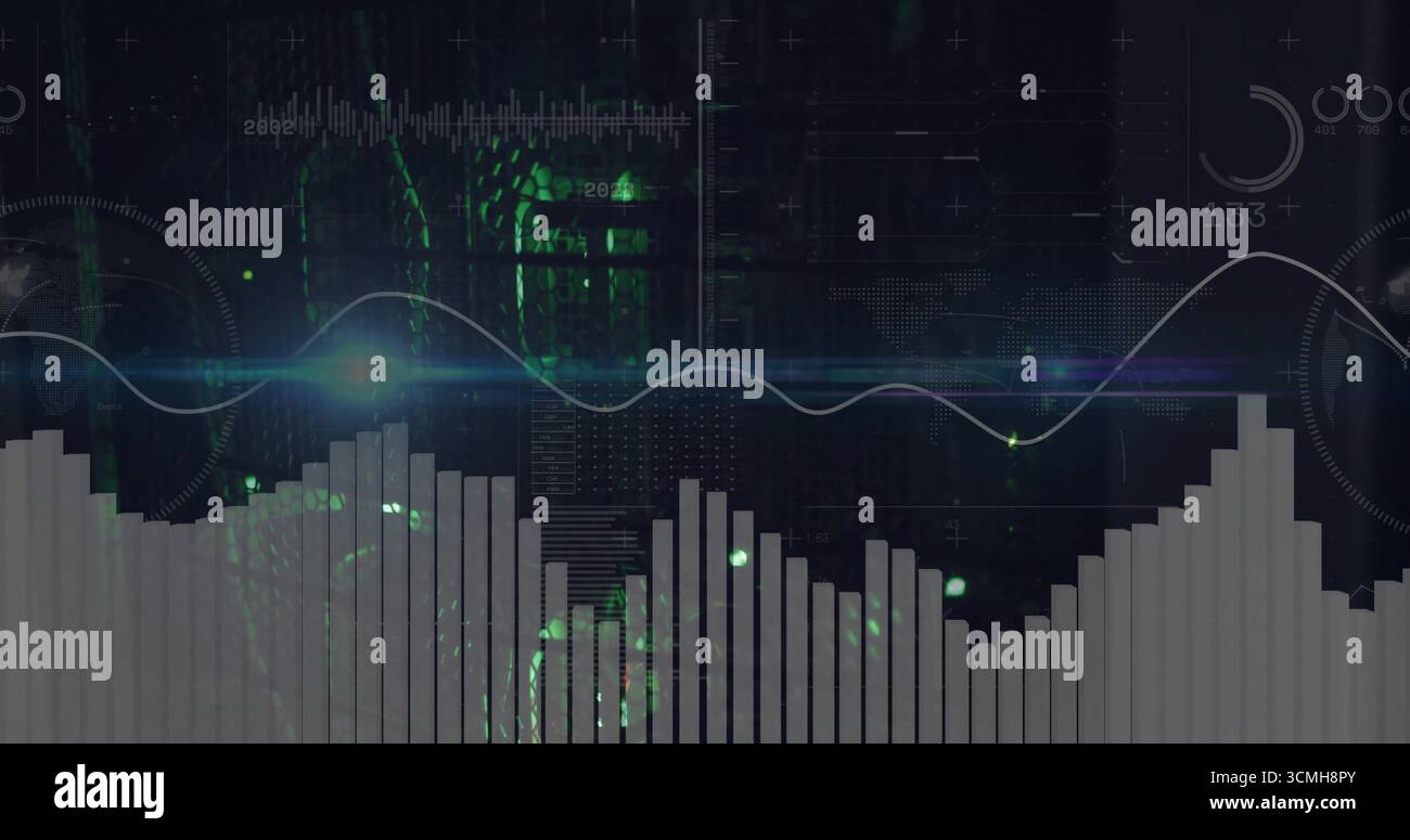 Displaying white bar chart on grid with green code patterns, featuring glowing line graph, HUD Stock Photo