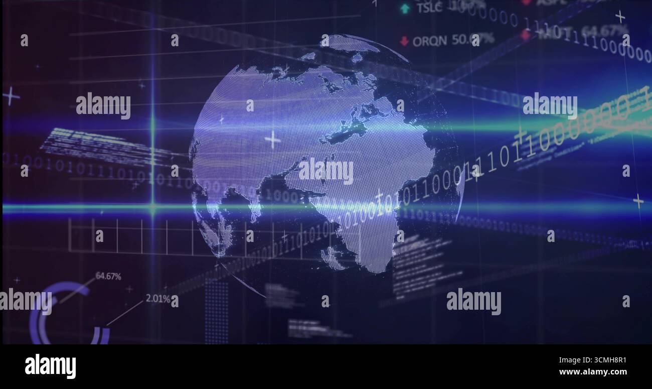 Displaying digital globe over dark interface with binary code streams and numerical grid lines Stock Photo