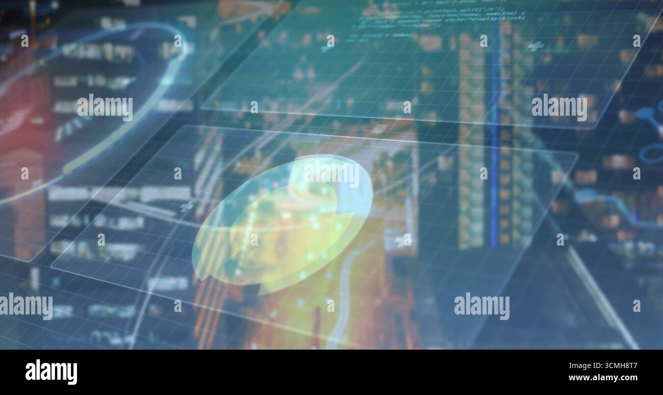 Displaying holographic panels loading in virtual dashboard, with code windows and circular gauges Stock Photo