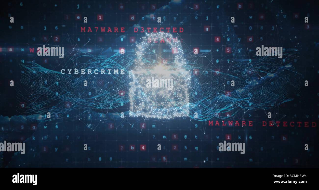 Glowing padlock hovering in network, with red MALWARE DETECTED, white CYBERCRIME text, code grid Stock Photo