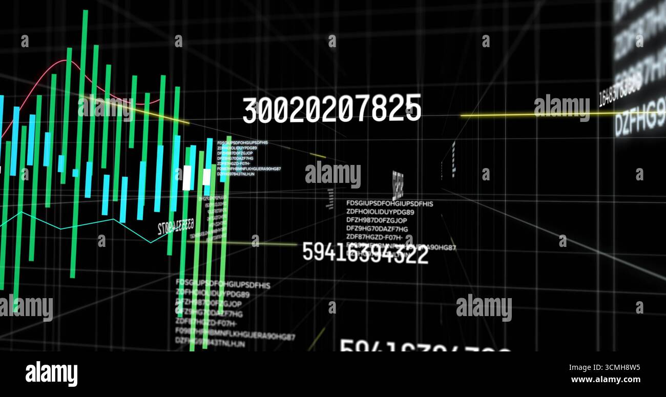 Displaying bar graph with numeric overlay in virtual 3D grid, green bars and multicolor line plots Stock Photo
