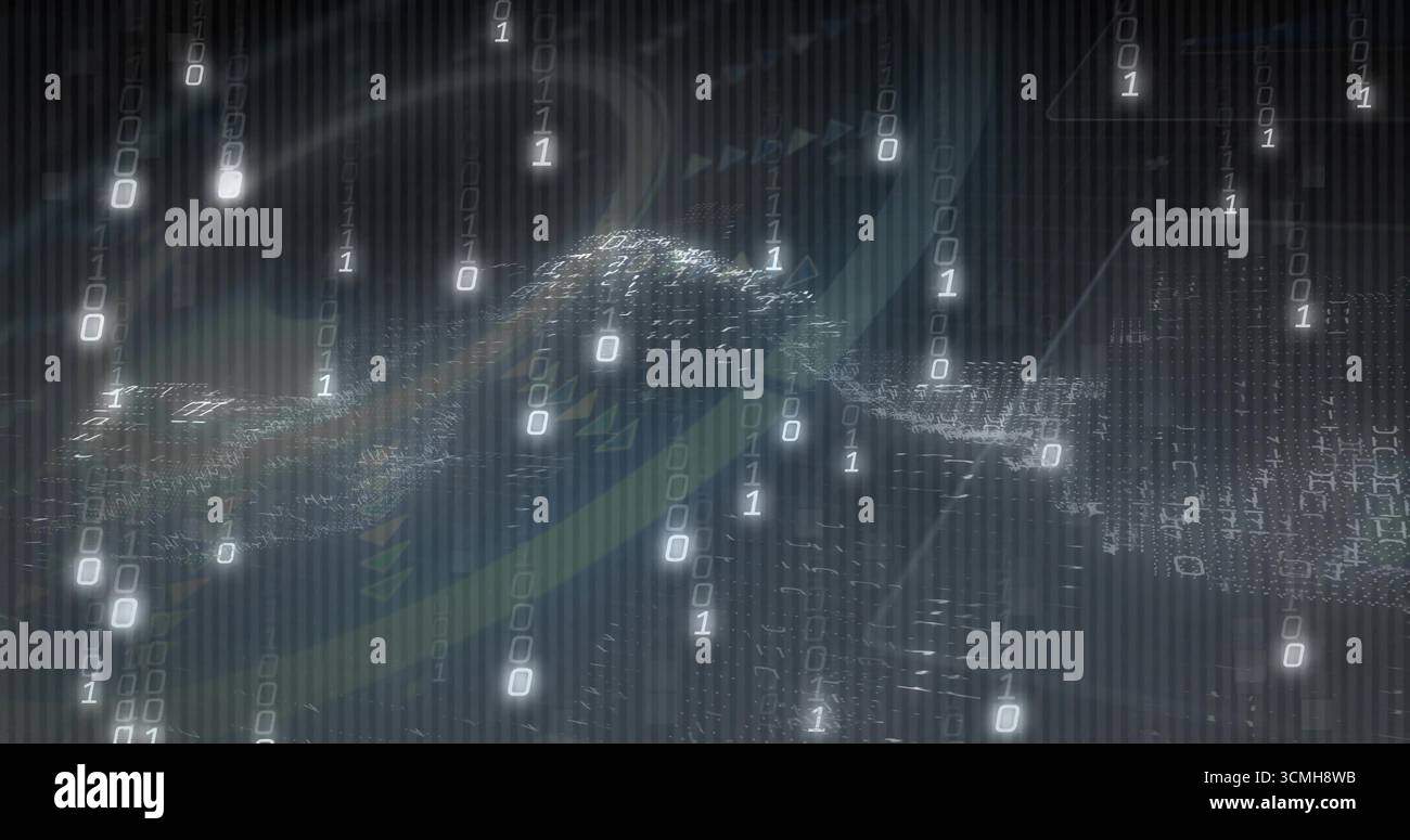 Streaming glowing binary digits forming 3D wave above dark grid lines, with light gradient effects Stock Photo