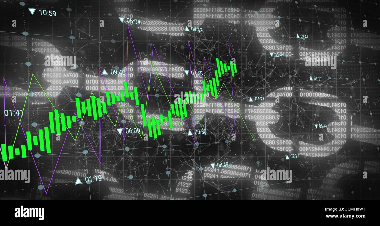 Displaying green candlestick chart showing trend on network grid interface, with purple line graph Stock Photo