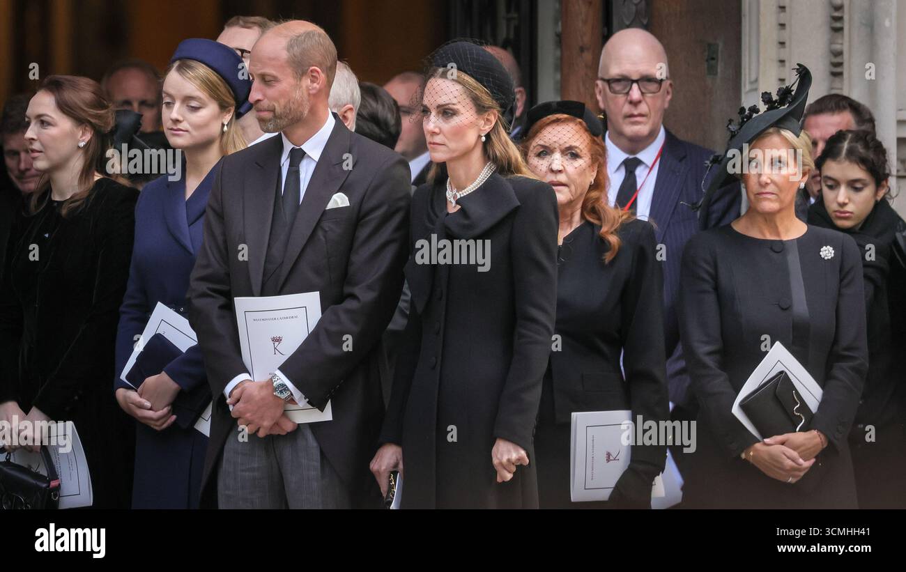 London, UK, 16th Sep 2025. Prince William, Princess Catherine, Sarah Duchess of York, Sophie Duchess of Edinburgh. HRH King Charles III, The Prince and Princess of Wales Prince William and Princess Catherine, Anne the Princess Royal, Prince Andrew The Duke and Duchess of York, Prince Michael of Kent and other senior members of the Royal Family all pay their last respects as the coffin is carried to the hearse. They then depart from Westminster Cathedral after the a requiem mass, a Catholic funeral service held for the Duchess of Kent, who passed away on 4 Sep. Stock Photo
