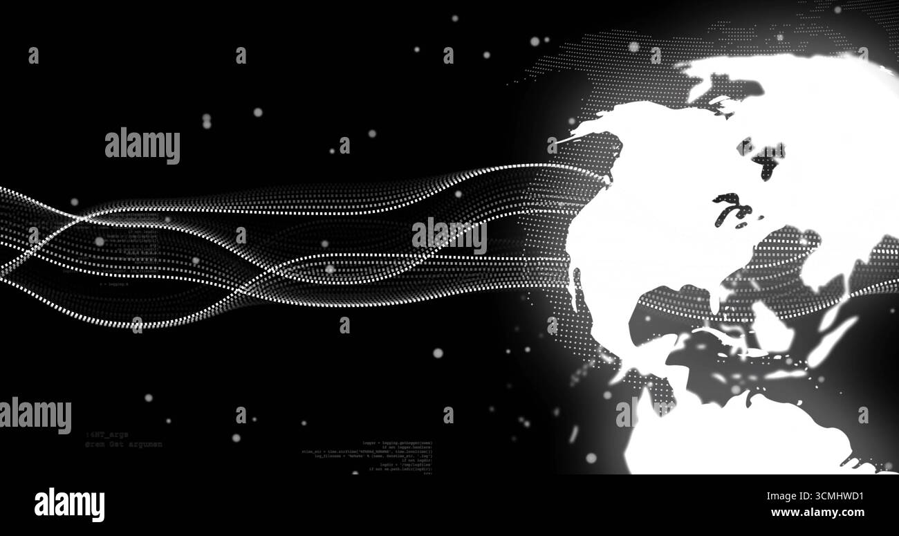 Displaying stylized Western Hemisphere Earth map flowing waveforms, dots against dark, copy space Stock Photo