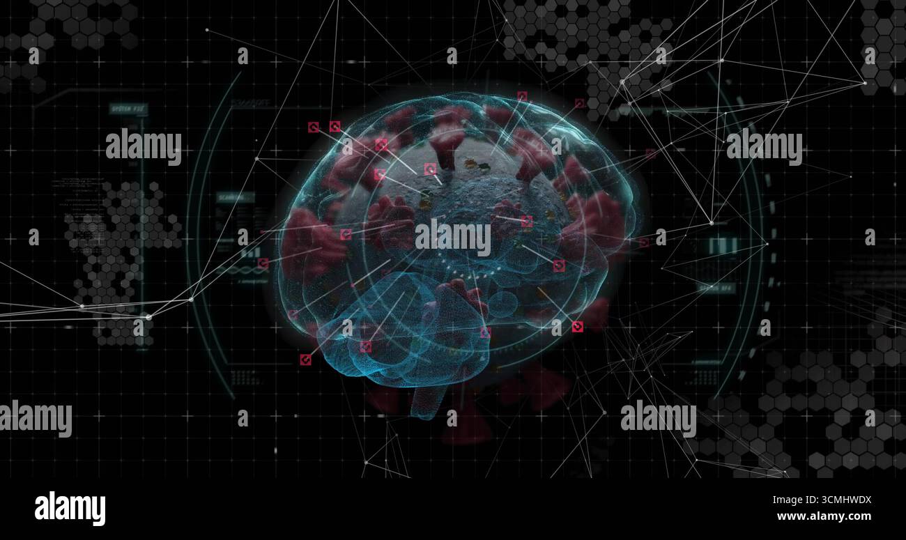 Displaying wireframe brain hologram in digital interface linking red viral particles to data nodes Stock Photo