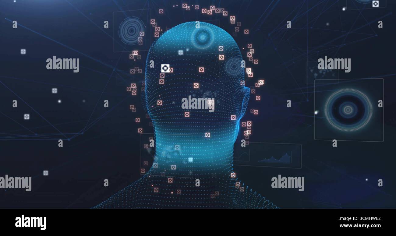 Displaying digital wireframe head glowing grid in interface, with data icons and network lines Stock Photo