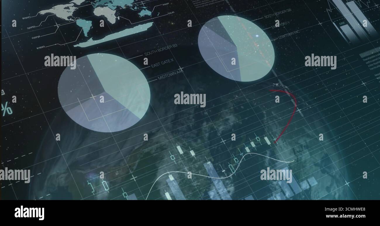 Displaying analytics dashboard featuring pie charts, candlestick bars and world map in control hub Stock Photo