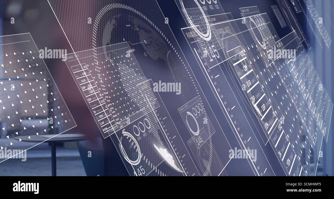 Displaying interface over office, with translucent UI panels, data ...